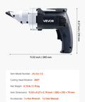 Side view of Electric Metal Shear With 360 Degree Swivel Head, 4.0 Amp Corded Sheet Metal Cutter, detailed dimensions underneath
