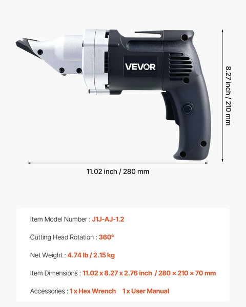 Side view of Electric Metal Shear With 360 Degree Swivel Head, 4.0 Amp Corded Sheet Metal Cutter, detailed dimensions underneath