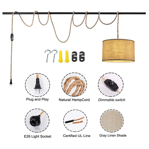 Plug In Pendant Light Kit With Twisted Hemp Rope Cord 15 Foot Dimmable On Off Switch Linen Lamp Shade Hanging Ceiling Light