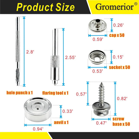 Heavy Duty Snap Fastener Kit With 50 Sets Of 200 Pieces 15mm Marine Grade Stainless Steel Canvas Snaps And 3 Setting Tools diagram
