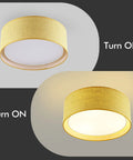 Modern 3 Light Flush Mount Ceiling Light With Fabric And Acrylic Double Drum Shade In Flaxen Delivers Cozy Warm Glow For Bedroom Living Room Dining Room Hallway And Entryway Sleek And Modern Vibe showing on and off state