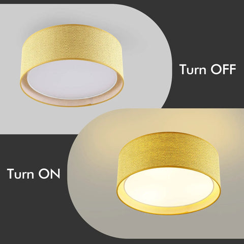 Modern 3 Light Flush Mount Ceiling Light With Fabric And Acrylic Double Drum Shade In Flaxen Delivers Cozy Warm Glow For Bedroom Living Room Dining Room Hallway And Entryway Sleek And Modern Vibe showing on and off state