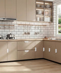 Modern kitchen with No Drill Self Adhesive Finger Pulls For Cabinets, 20 Pack, 3.15 Inch White on cabinets and drawers.