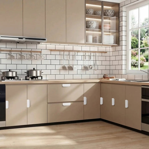 Modern kitchen with No Drill Self Adhesive Finger Pulls For Cabinets, 20 Pack, 3.15 Inch White on cabinets and drawers.