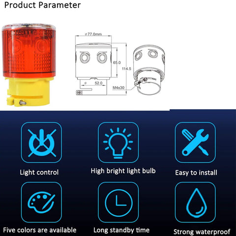 Diagram and features of Ultra Bright Solar Strobe Warning Light for Construction and Traffic 360 Degree LED Beacon Wireless Auto On Off IP65 Waterproof Yellow Great For Dock Marine Crane Tower Factory.