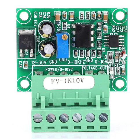 Frequency To Voltage Converter Module For PLC And Motion Control Converts 0-1KHz Pulses To 0-10V Analog Output FV-1KHz10V, green board with 4-pin diaphragm connector.