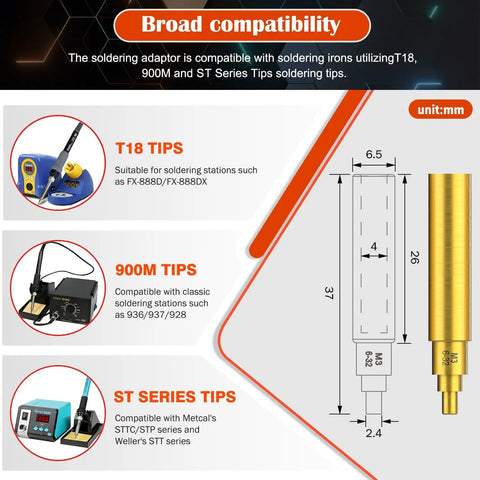 Diagram showing Six Piece Soldering Tips Set For Thread Inserts From M2 Through M6 And Common Inch Sizes, with measurements and compatibility