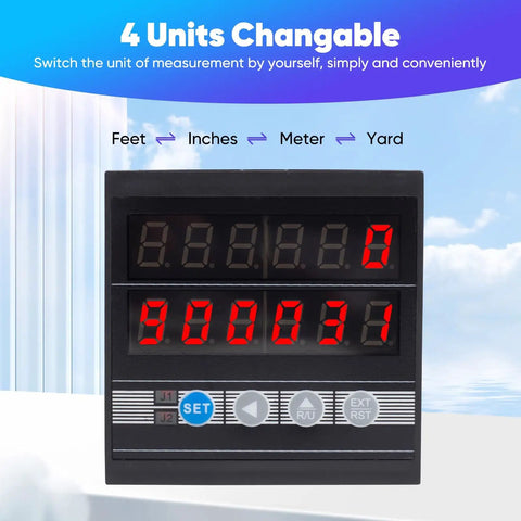 Close-up of digital display on the Straight Up Accurate Hella Reliable Digital Length Meter With Simple Controls And Preset Counter For Cable Wire And Fishing Line Tracking In Feet Yards Meters And Inches.