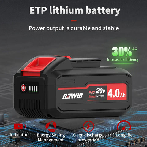 ETP lithium battery with 20V 4.0Ah capacity, featuring durability, efficiency, and long life benefits