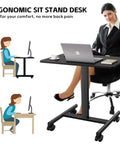 Mobile Laptop Standing Desk With Adjustable Height And Smooth Wheels, Compact Rolling Computer Desk Cart in use with woman