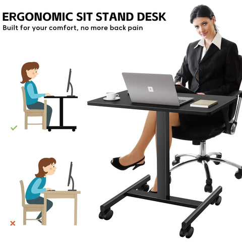 Mobile Laptop Standing Desk With Adjustable Height And Smooth Wheels, Compact Rolling Computer Desk Cart in use with woman