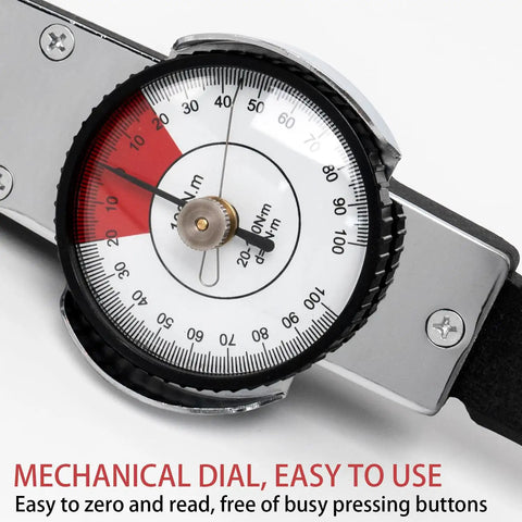 Dial Indicator Torque Wrench For Auto Assembly, 0 To 100 Newton Meter, Bidirectional Operation, Half Inch Drive Indicating Torque Meter, Durable Alloy Steel Build, Easy Zero Adjustment, Great For Precise Torque Testing, close-up dial