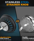 Comparison of stainless steel strainer knob vs plastic strainer, highlighting benefits of 3-1/2 Inch Kitchen Sink Drain Assembly.