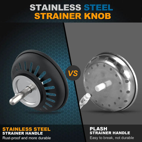 Comparison of stainless steel strainer knob vs plastic strainer, highlighting benefits of 3-1/2 Inch Kitchen Sink Drain Assembly.