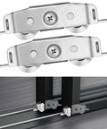 304 Stainless Steel Heavy Duty Sliding Door Rollers Set With Ball Tandem Wheels Bearing For Patio Glass Doors Height Adjustable Roller Assembly Supports Up To 300 Pounds Durable Replacement 2 Pack, shown installed on door track