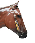 Custom Western Leather Headstall And Breast Collar Tack Set showcasing fire painted finish and antique copper hardware on horse side profile.