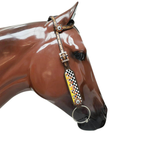 Custom Western Leather Headstall And Breast Collar Tack Set showcasing fire painted finish and antique copper hardware on horse side profile.