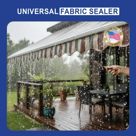 Invisible Protection Seam Sealer for Fabric 4oz PFAS Free Waterproof Sealant on awning in rain, showcasing water resistance