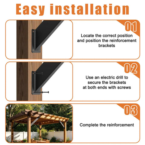 12 Pack 45 Degree Angle Support Brackets For Pergola And Gazebo Frames, Heavy Duty Carbon Steel With Black Powder Coat, Rust Proof Outdoor Connector Hardware For Patio Structures, Weather Resistant, Easy DIY Assembly. Installation steps for wooden pergola bracket