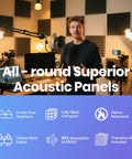 Premium Black And White Pyramid Acoustic Panels 50 Pack With Heavy Duty Double Sided Tape For Quick No Drill Wall Mounting, used in a recording studio.