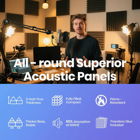 Premium Black And White Pyramid Acoustic Panels 50 Pack With Heavy Duty Double Sided Tape For Quick No Drill Wall Mounting, used in a recording studio.