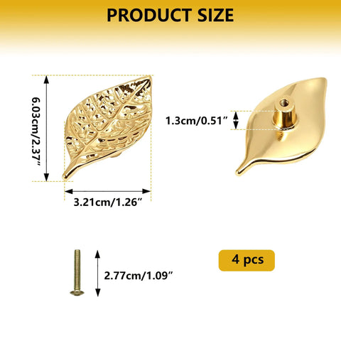 Vintage Leaf Cabinet Knobs Set, 4 Pack, Zinc Alloy Drawer Pulls With Single Hole Mount, Gold Finish, showing size dimensions
