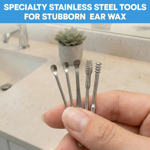 All In One Ear Wax Removal Kit For Home Use For Adults And Kids With Basin Bulb Syringe Four Piece Curette Set close-up