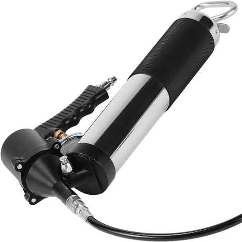 6000 PSI Air Powered Grease Gun For Heavy Duty Lubrication, 14 Oz Load, 18.5 Inch Flexible Hose visible on a white background
