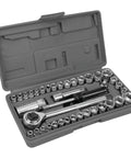 Open case showing All In One Forty Piece SAE And Metric Socket Set With One Quarter Inch And Three Eighth Inch Drive Ratchet Extension Bar