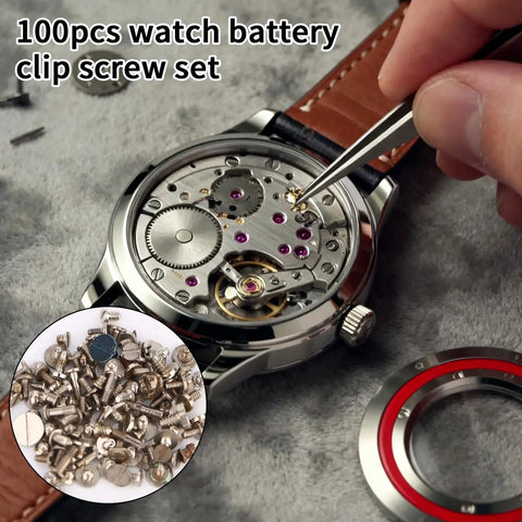 100 Piece Watch Battery Clamp Screws Set for tiny small screws in watch repair process with tweezers and parts