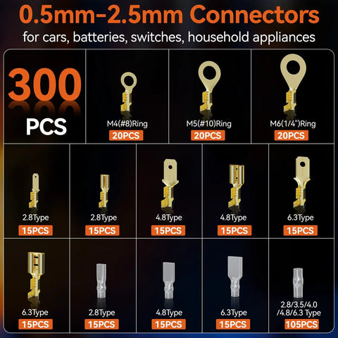 Workhorse Ratcheting Wire Crimping Tool With AWG 22 To 14 Carbide Jaws And Solid Grip For Spade Connectors Pro Electrical Terminal Kit Includes Three Hundred Pieces includes various connectors for electrical projects.