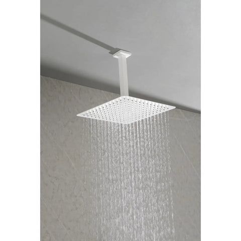 16" Rain Systems Wall Mounted Shower in white, ceiling-mounted, showcasing a rainfall effect with self-cleaning nozzles.