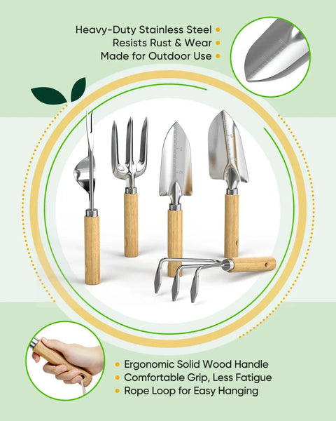 6-piece garden tool set with wooden handles and steel heads from Wood Wall Hook Organizer Garden Tool Set 6-Piece With 5 Dope Wooden Hooks For Wall Mount Rust Proof Outdoor Garden Tools Storage Rack Great Gift For Women Coat Rack