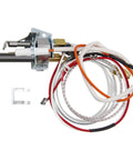 Water heater pilot assembly with thermopile and wiring harness; metal body with white and orange cables.