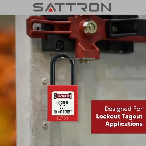 Pro Grade Lockout Tagout Padlock Kit Five Pack With Two Keys Each And Warning Labels And OSHA Compliant LOTO Locks Made From Non Conductive Nylon For Electrical And Mechanical Equipment Lockouts Easy To Spot In Any Shop installed on equipment