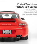Clear License Plate Cover And Frame Set 2 Pack Grey on red car rear, ABS unbreakable universal fit for US plates, with screws.