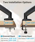Diagram showing grommet and clamp mount options for Full Motion Desk Mount For One Monitor Up To 32 Inches, black.