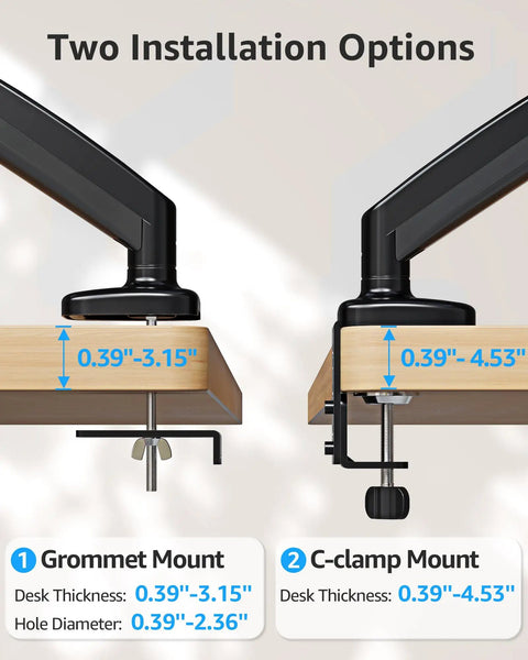 Diagram showing grommet and clamp mount options for Full Motion Desk Mount For One Monitor Up To 32 Inches, black.