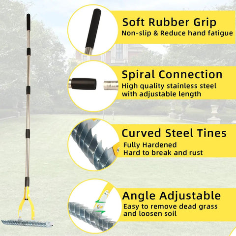 Thatch Rake 15 Inch Wide Dethatcher for Cleaning Dead Grass Leaves and Debris Loosens Soil with Steel Tines and Stainless Steel Handle