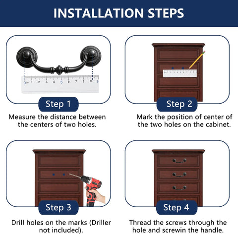 Installation steps for Antique Black Drawer Pulls 6 Pack Vintage Dresser Handles With Drop Bail Pulls 3.5 Inch Hole Center