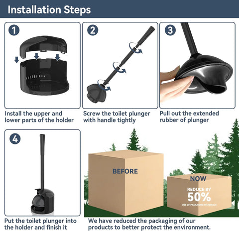Installation steps for Heavy Duty Toilet Plunger With Wall Holder For Standard Bathroom Drains, showcasing holder assembly and plunger features.