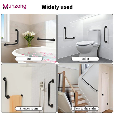 Heavy Duty Black Stainless Steel Shower Grab Bars 2 Pack With L Shaped And Straight Hands in tub, toilet, shower, and stairs settings.