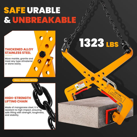 Heavy Duty Stone Lifting Clamp Features Boss Scissor Grip That Legitimately Hauls Up To One Thousand Three Hundred Twenty Three Pounds While Delivering Wide Adjustable Span From Fourteen Inches To Thirty One Inches For No Sweat Granite Moving, showcasing thickened alloy steel and high-strength lifting chain.