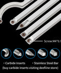 Carbide-tipped wood lathe turning tools set with five inserts and interchangeable foam handle, shown with stainless bars