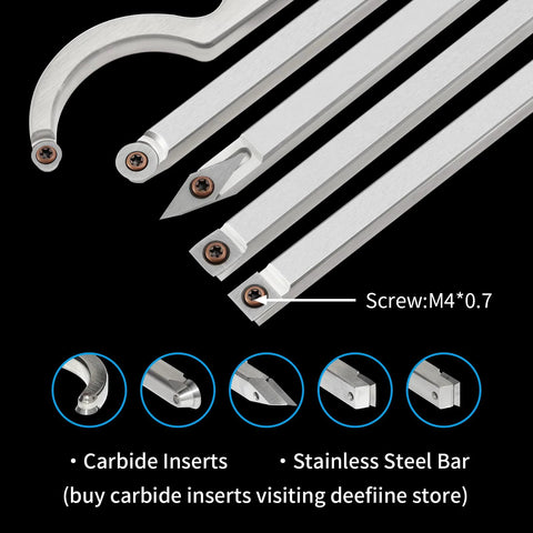 Carbide-tipped wood lathe turning tools set with five inserts and interchangeable foam handle, shown with stainless bars