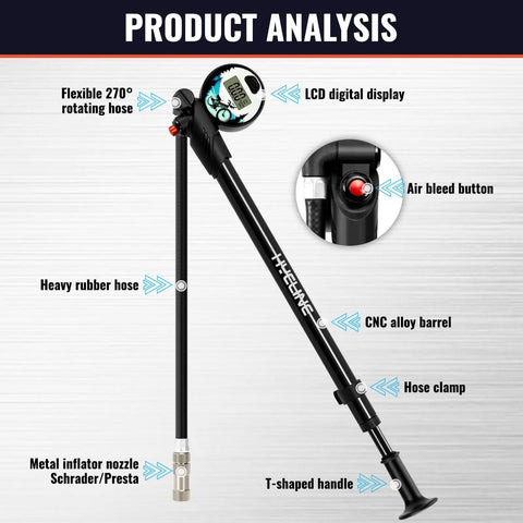 Digital Shock Pump For Mountain Bikes With 300 Psi High Pressure Front Fork And Rear Suspension Air Pump Digital Display Fits Schrader And Presta Valves showing parts