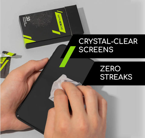 Person using Streak Free Electronic Screen Wipes for Phones Tablets and Car Displays 150 Wipes in Five Pocket Size Packs Alcohol Boosted Lens and Screen Cleaner Individually Wrapped Quick Dry No Residue for On The Go Shine on a smartphone.