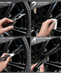 Straight From The Shop Matte Black Rim Repair Kit steps showing sand, clean, apply paint, and brush strokes on alloy wheels.