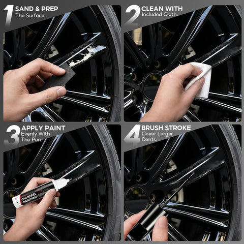 Straight From The Shop Matte Black Rim Repair Kit steps showing sand, clean, apply paint, and brush strokes on alloy wheels.