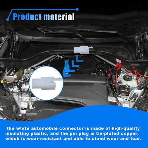 Engine compartment with Premium Automotive Electrical Wire Connector Kit visible, featuring insulated plastic shell and copper pins.